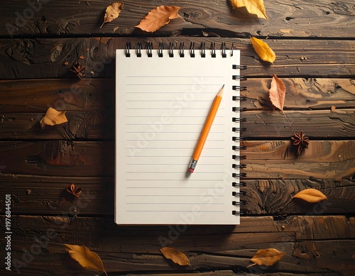 A spiral notebook with a pencil on a wooden table surrounded by leaves