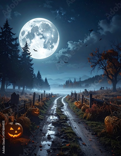 A spooky moonlit road with jack-o-lanterns