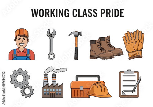 Diverse collection of construction and manual labor tools, symbols, and attire for working class pride and industrial themes