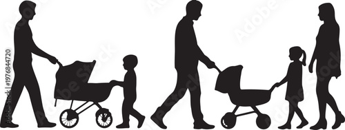 Family walking together with strollers and children holding hands