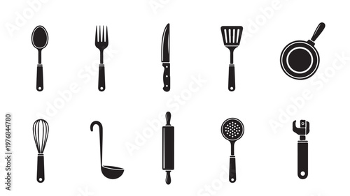 Kitchen Utensils Icon Set, Cooking Tools Silhouette Collection