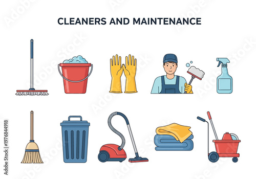 A collection of icons representing cleaning and maintenance services, including tools and equipment for janitorial tasks