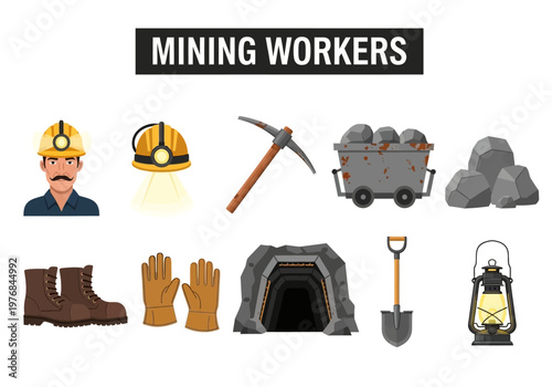 Collection of Mining Equipment and Worker Iconography, Showcasing Tools and Safety Gear for Underground Operations