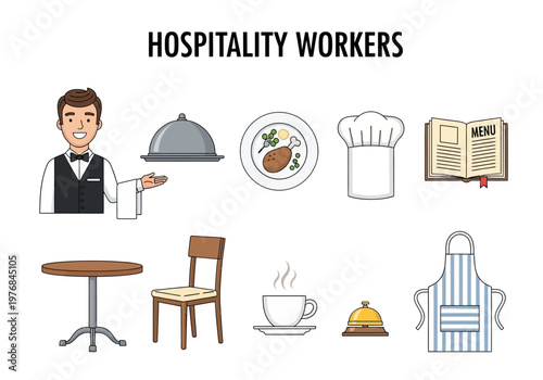 Set of hospitality worker icons and elements for restaurant service and hotel industry business