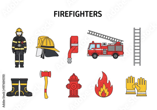 Collection of firefighter icons, including truck, ladder, axe, helmet, hose, boots, fire hydrant, fire, and gloves