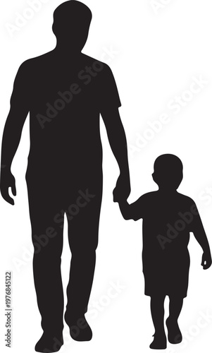 Adult and child holding hands walking together in silhouette form against a plain background