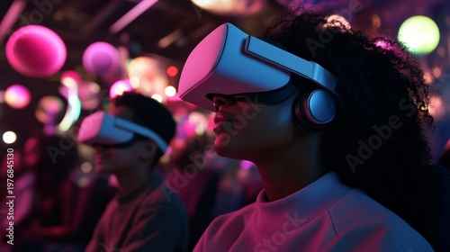 Innovative virtual reality experience engages participants at interactive tech event modern venue immersive environment enthralling perspective