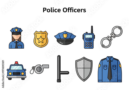 Collection of police officer icons representing law enforcement and justice with related symbols like badges, handcuffs, cars, and uniforms