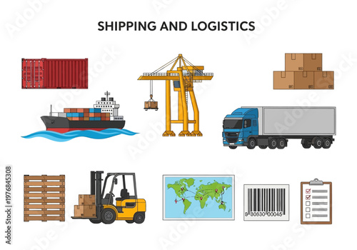 Global freight transportation and logistics services including cargo ships, cranes, trucks, forklifts, and world map illustration
