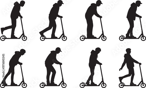 Sequential silhouettes of a person riding and interacting with an electric scooter.
