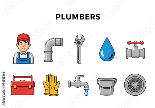 Set of plumber icons including tools, water drop, faucet, toolbox, and protective gloves on a white background
