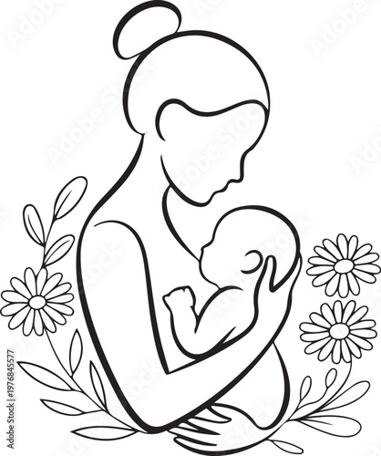 Mother breastfeeding her newborn baby surrounded by nature elements