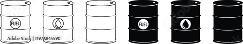 Oil barrel drum icon set collection group, fuel tank container petroleum storage symbols, gasoline diesel energy icons, black silhouette and outline line style vector illustration for industry use