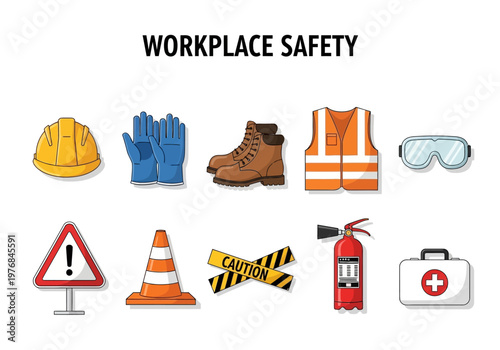 Collection of essential workplace safety equipment and signs for hazard prevention and employee protection