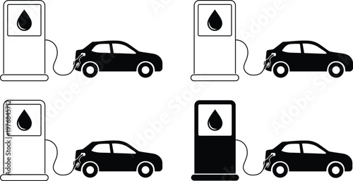 Car refueling fuel pump icon set collection group, petrol gasoline diesel station symbols, vehicle filling dispenser icons, black silhouette and outline line style vector illustration for transport en