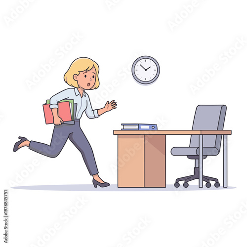 Woman rushes to her office desk with books before the clock strikes.