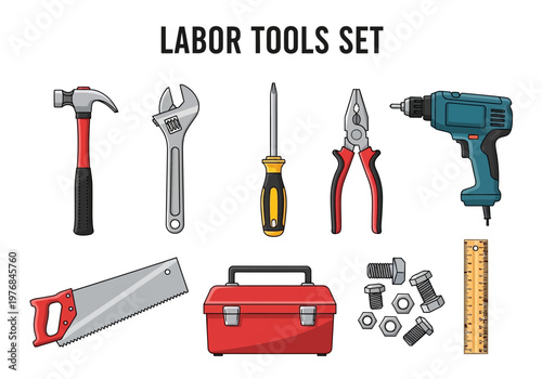 A comprehensive collection of essential labor tools for various construction and repair tasks, including a hammer, wrench, screwdriver, pliers, saw, toolbox, drill, nuts, bolts, and ruler