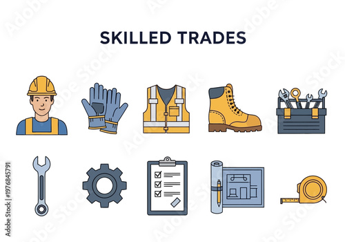 Collection of skilled trades icons and symbols representing various construction and manual labor professions