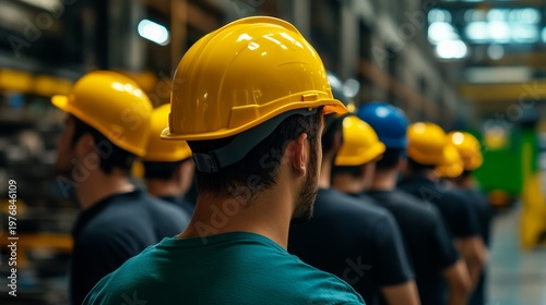 Industrial safety training event for workers manufacturing facility safety guidelines indoor environment rear view workplace safety awareness