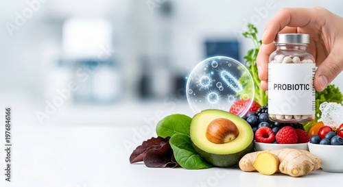 Woman holding bottle of probiotic supplement with fresh food. Microbiome health concept with healthy eating and digestion support. Natural nutrition and medical wellness technology design.