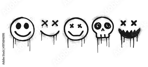 Set of graffiti spray paint icons, smiley faces and skull with dripping paint effect