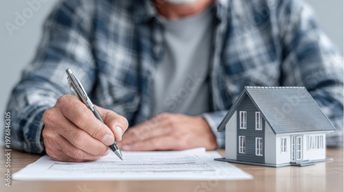 Elderly man signing documents next to a model house, representing real estate transactions