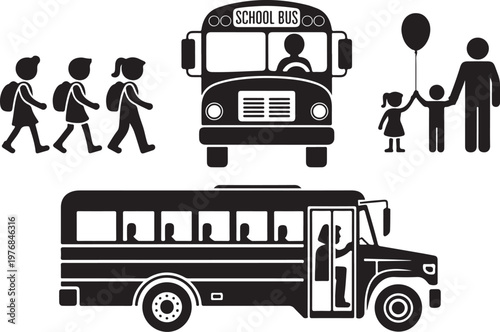 Children boarding school buses with parents on a sunny day