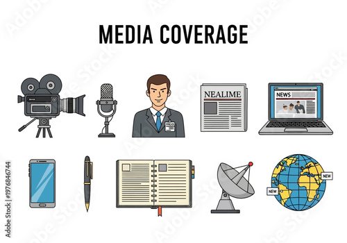 Media Coverage Icons Representing Journalism, News Broadcasting, and Information Dissemination