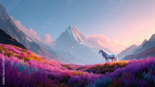 Majestic unicorn stands in a vibrant meadow of purple flowers with snowy mountains behind