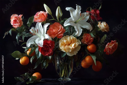Luxurious Still Life Arrangement of Diverse Flowers Including Lilies and Roses with Ripe Oranges in a Crystal Vase against a Dark Moody Backdrop Soft Dramatic Lighting Emphasizing Dew Drops on Petals
