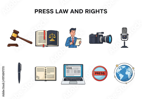 Collection of icons representing press law and rights, including gavel, law book, reporter, camera, microphone, pen, notepad, laptop, globe, and press sign
