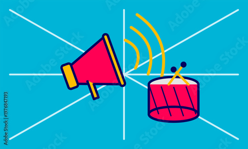Hand-drawn megaphone and drum equipment for cheering at sports events or protest rallies in illustration