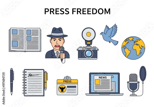 Illustration representing the importance of press freedom with various communication and media icons