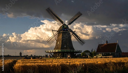 A traditional windmill in a serene landscape
