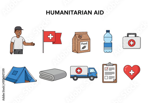 Collection of humanitarian aid icons including medical supplies, tent, food, and water, representing assistance and relief efforts