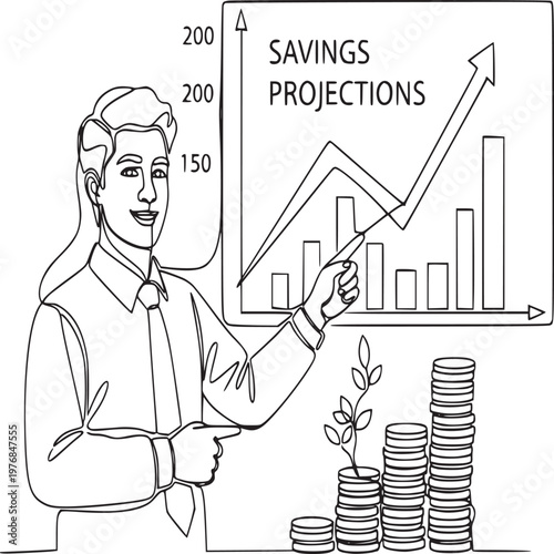 Businesswoman presenting savings growth projections with financial chart and coin stacks