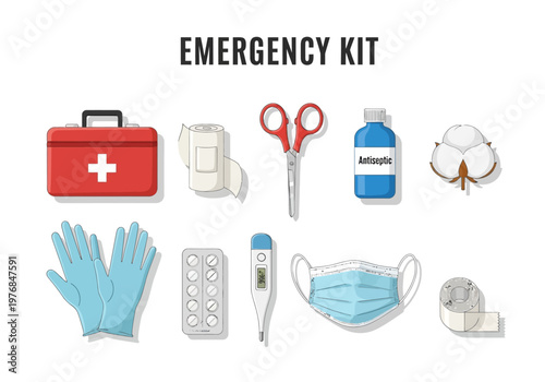 Collection of emergency first aid kit items for medical treatment and health care