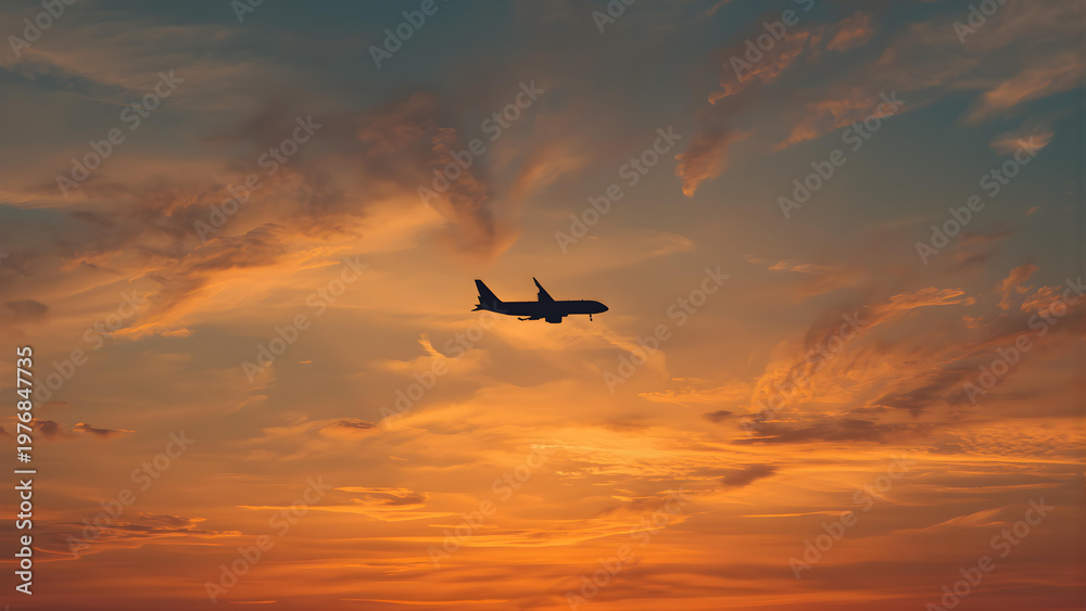 Fototapeta premium Airplane flies through vibrant orange sunset sky