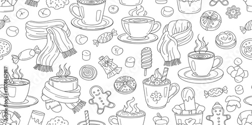 Seamless Winter Pattern with Hot Drinks, Scarves, Cookies and Candy, Cozy Seasonal Line Art Illustration for Christmas, Holiday Wrapping, Textile Design, and Festive Backgrounds