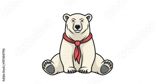 Cartoon polar bear with red scarf sitting