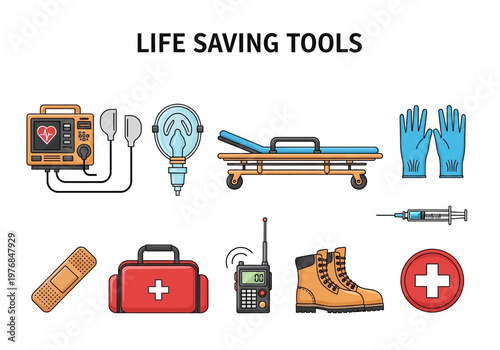 Collection of essential life-saving medical equipment and safety gear for emergency situations