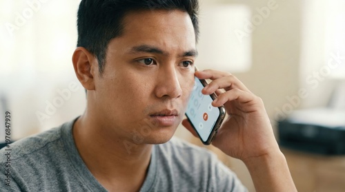 Filipino young man reacting to suspicious vishing phone call