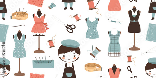 Sewing and Fashion Design Seamless Pattern with Dress Forms, Tailoring Tools and Cute Seamstress Character, Flat Illustration for Textile, Handmade Craft, and Atelier Concepts