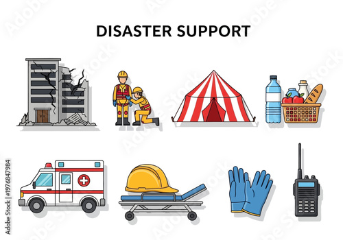 Disaster relief icons including a damaged building, emergency personnel, a tent, supplies, ambulance, stretcher, gloves, and radio communication equipment