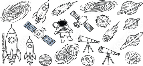 Space Doodle Elements Collection with Rockets, Astronaut, Planets and Galaxies, Hand Drawn Illustration Set for Astronomy, Sci-Fi, and Cosmic Design
