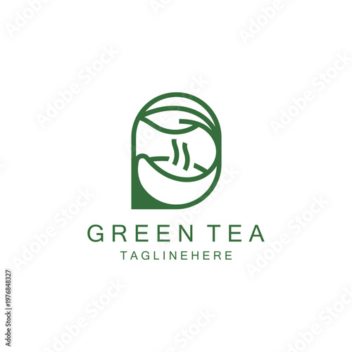 Green tea logo, herbal, leaf health minimal design template