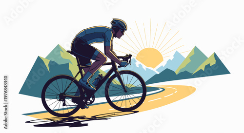 An athlete engaged in cycling on a scenic road with mountains and sunrise in the background, captured in a graphic illustration with bold lines and vibrant colors.