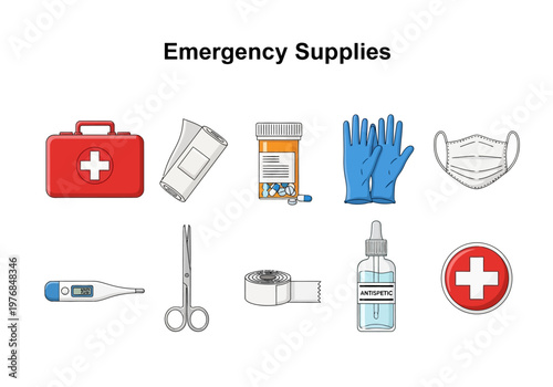 An assortment of essential emergency medical supplies arranged neatly, including a first aid kit, bandages, medicine, gloves, and a thermometer for preparedness