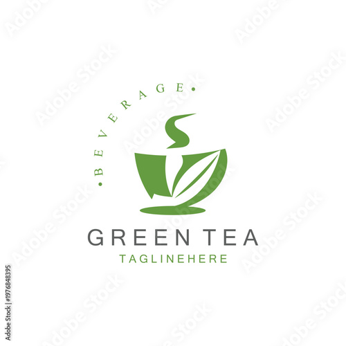 Green tea logo, herbal, leaf health minimal design template