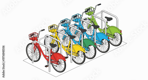 A row of colorful bicycles secured in a metal bike rack with a clean white background, showcasing cycling equipment.
